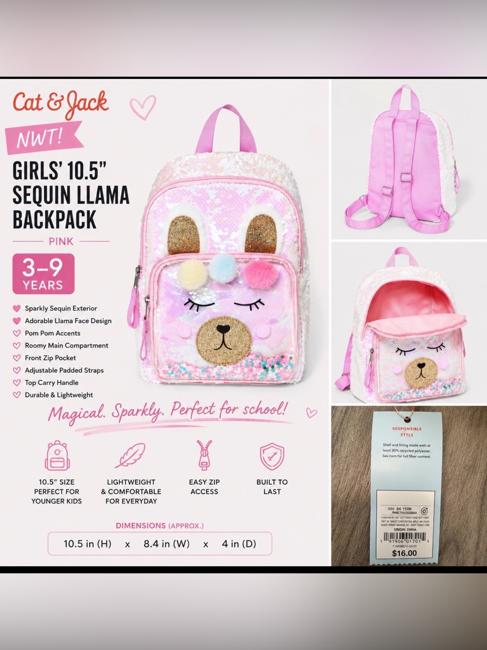 Cat & Jack Girls’ 10.5” Sequin Llama Backpack – Pink – NWT – Sparkly Mini